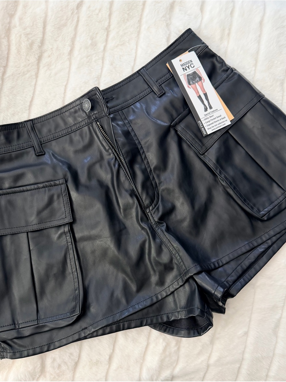 Madden NYC Black Faux Leather Cargo Bermudas